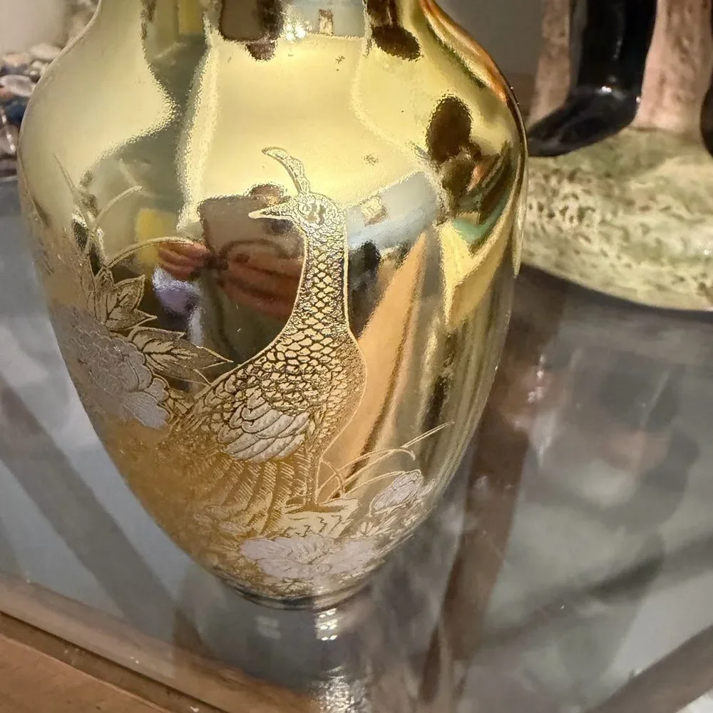 Elegant etched Japanese Gold and White Floral and bird small Vase. Vintage.